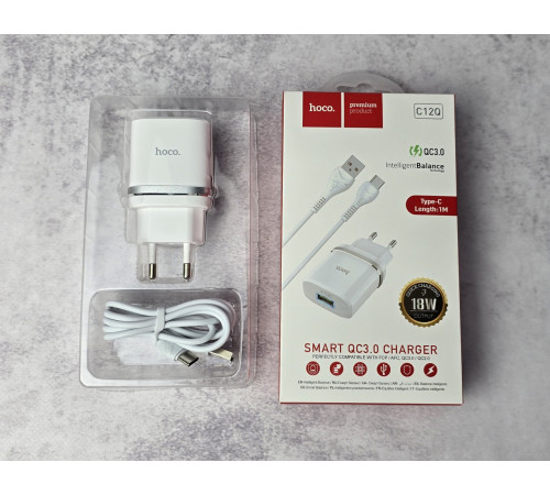 Сетевое зарядное устройство Hoco C12Q (QC3.0 USB/3A) + кабель Type-C NEW Новый