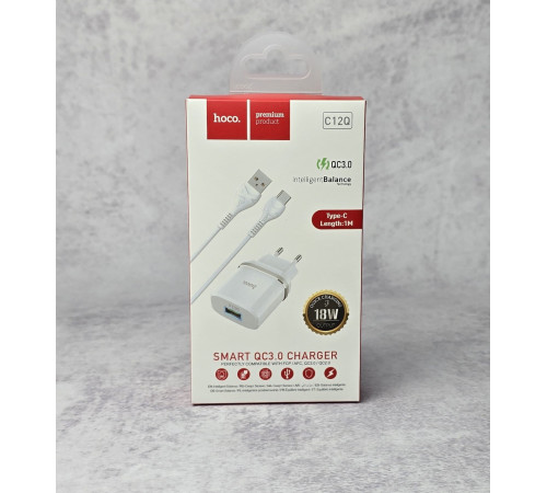 Сетевое зарядное устройство Hoco C12Q (QC3.0 USB/3A) + кабель Type-C NEW Новый