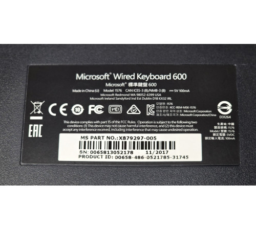 Клавиатура USB Microsoft Keyboard Wired 600 Black